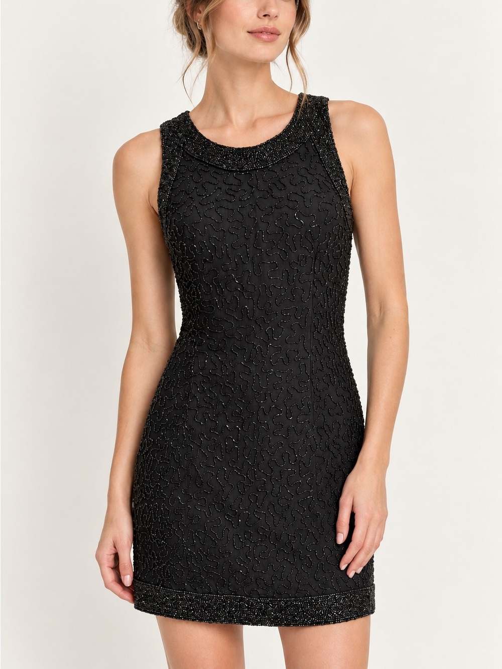 Lawrence Kazar Beaded Dress Vintage Cocktail Sleeveless Silk Black Size Small